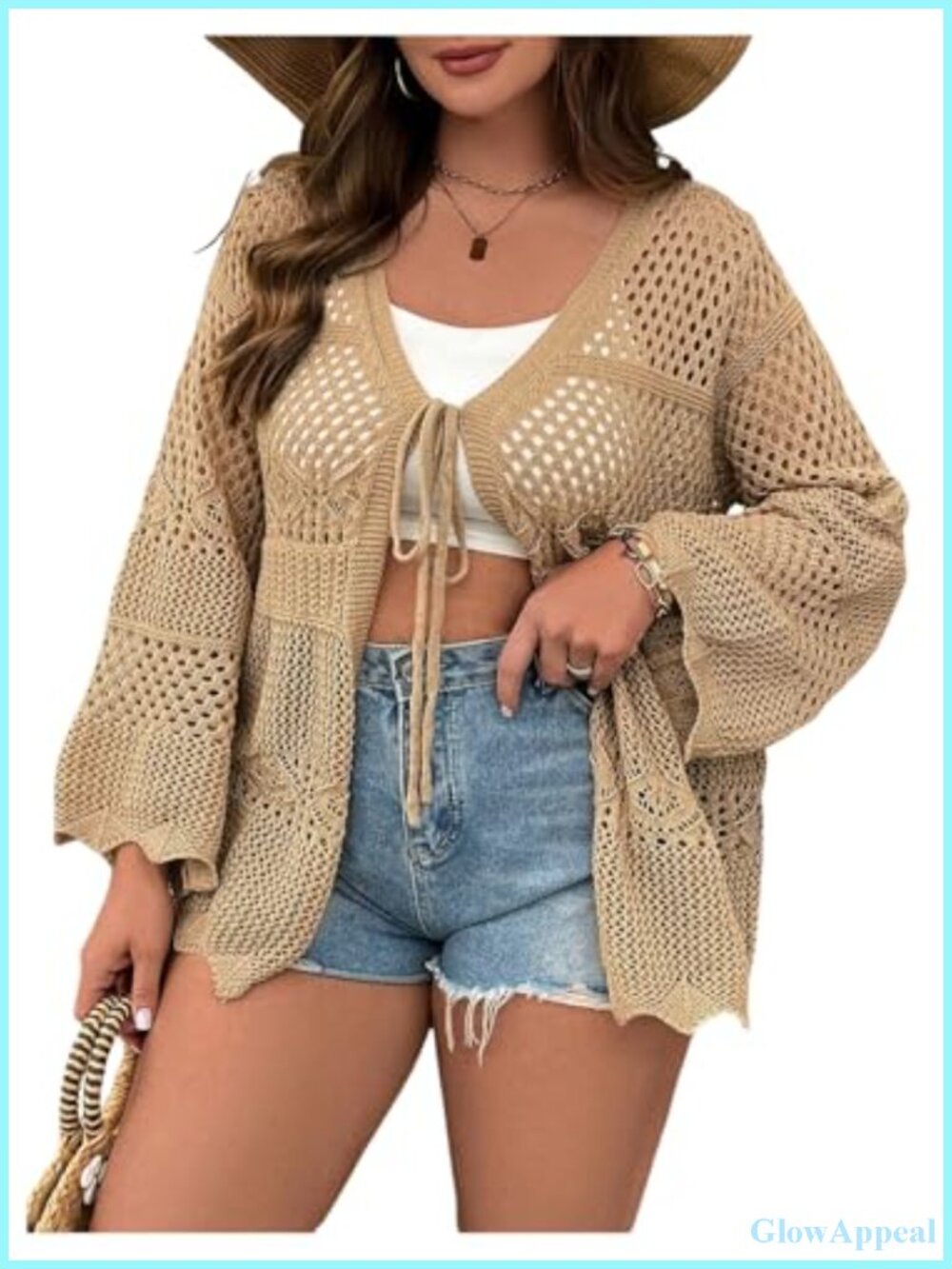 Plus Size Crochet Sheer Cardigan Tie Front Hollow Out Summer Beach Coverup